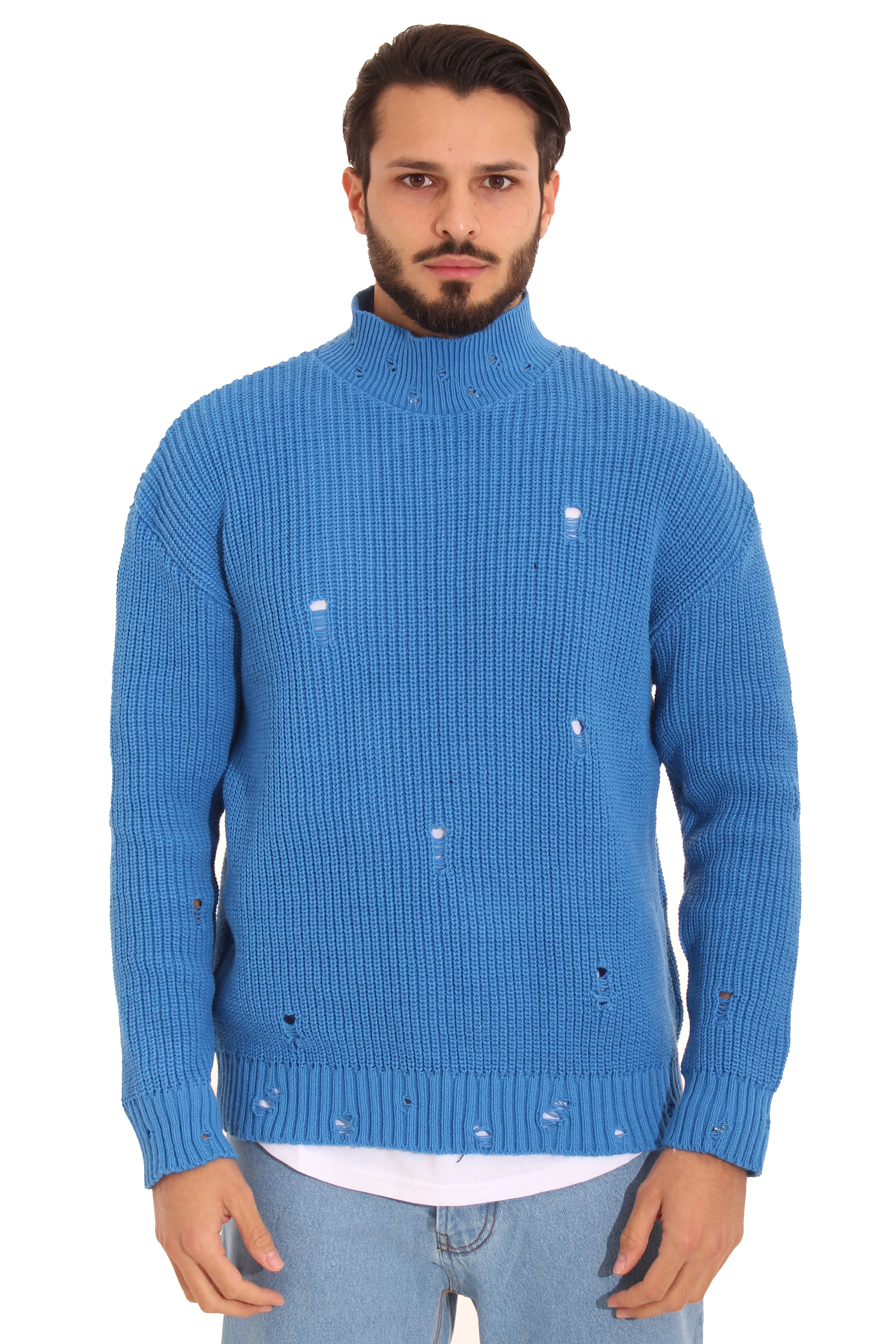 Maglione Uomo Pullover Mezzo Collo Con Abrasioni Art. Mg78