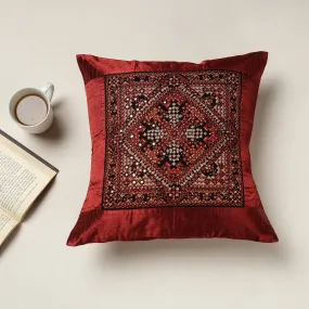 Maroon - Kutch Neran Hand Embroidered Mashru Silk Cushion Cover (16 x 16 in)