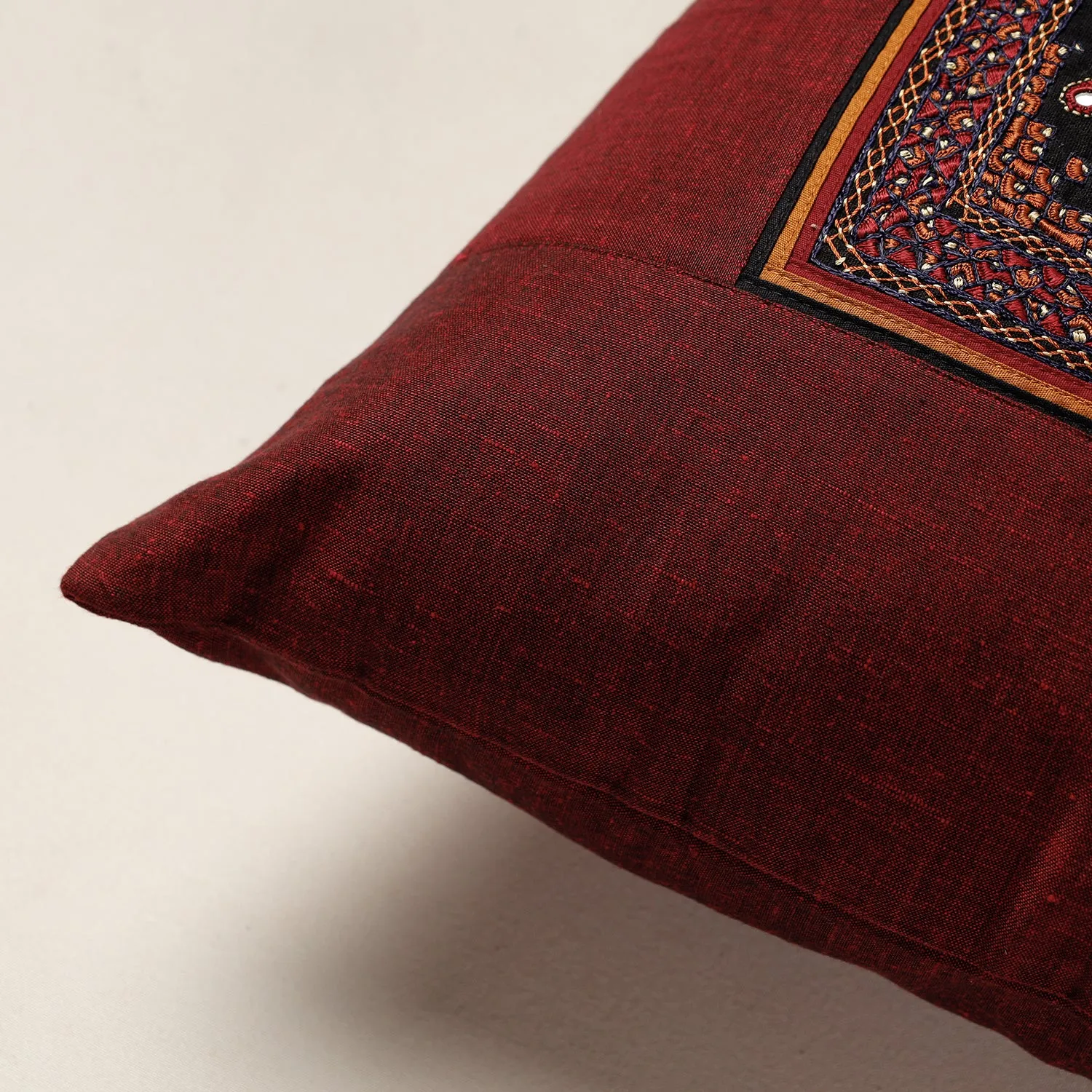 Maroon - Kutch Neran Hand Embroidery Cotton Cushion Cover (16 x 16 in)