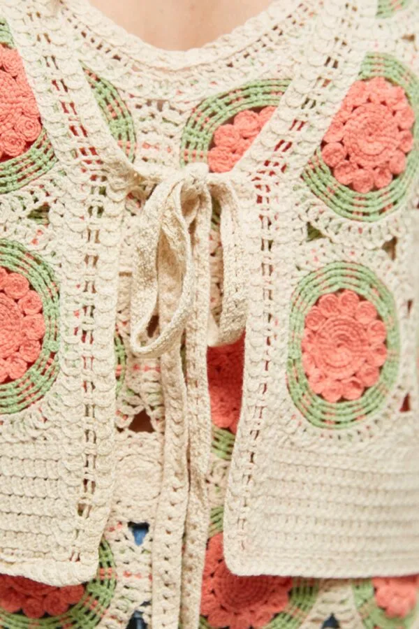 Md'M Crochet Peach Cardigan And Vest