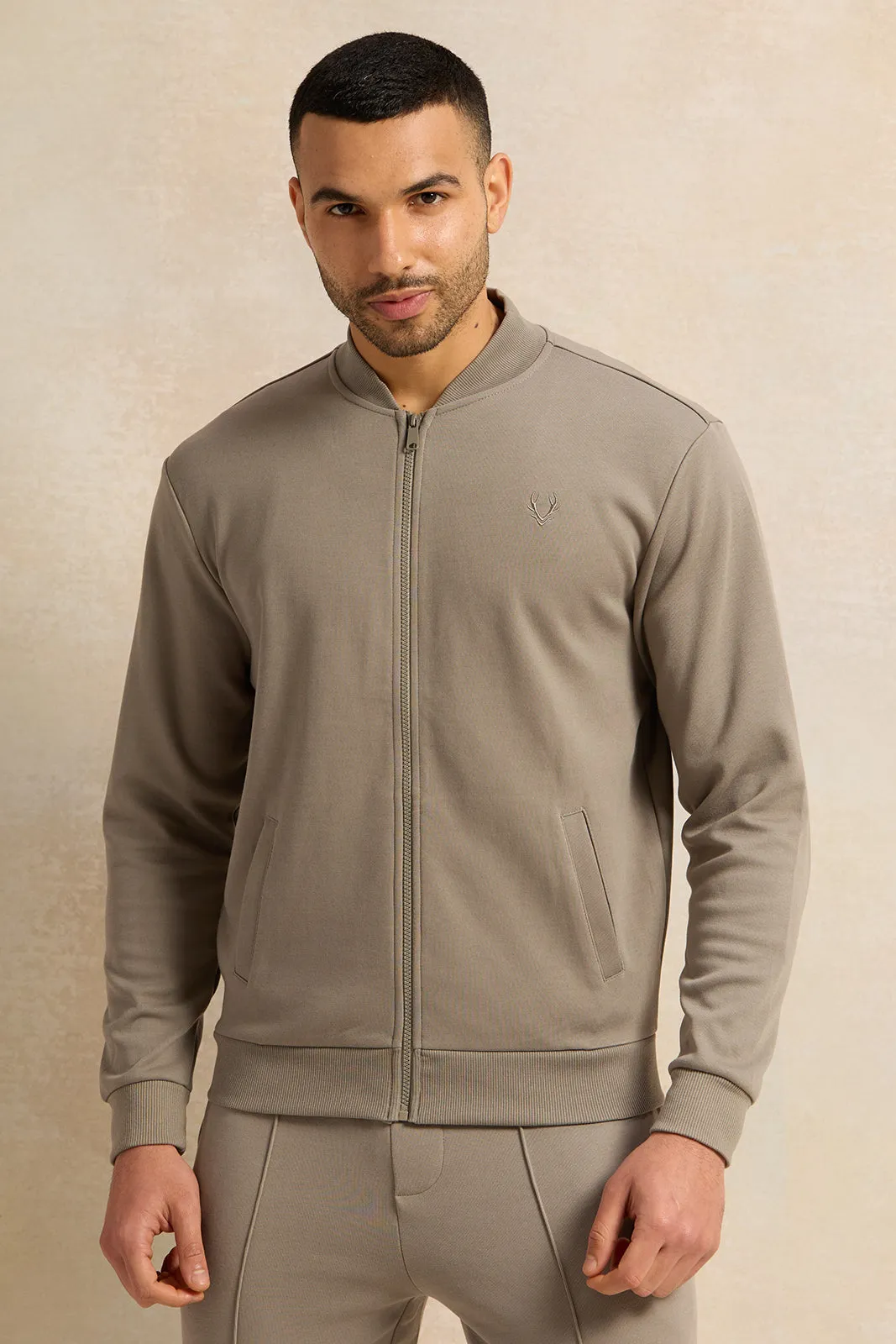 Men Beige Knitted Zip Thru Bomber Jacket