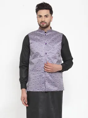 Men Purple Printed Satin Nehru Jacket