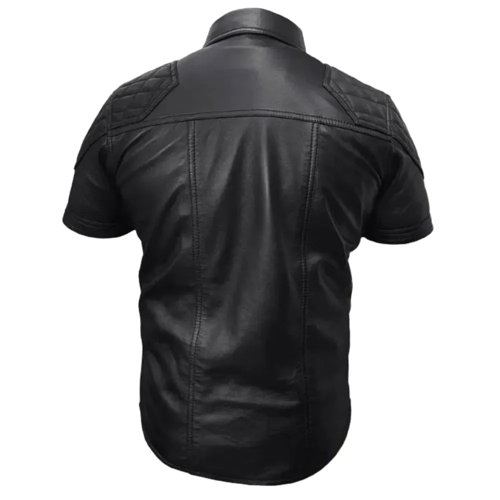 Mens Black Quilted Shoulder Leather Shirt