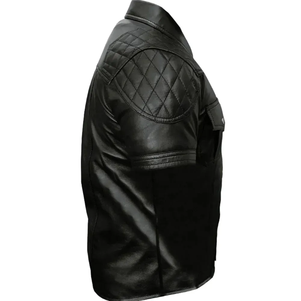 Mens Black Quilted Shoulder Leather Shirt