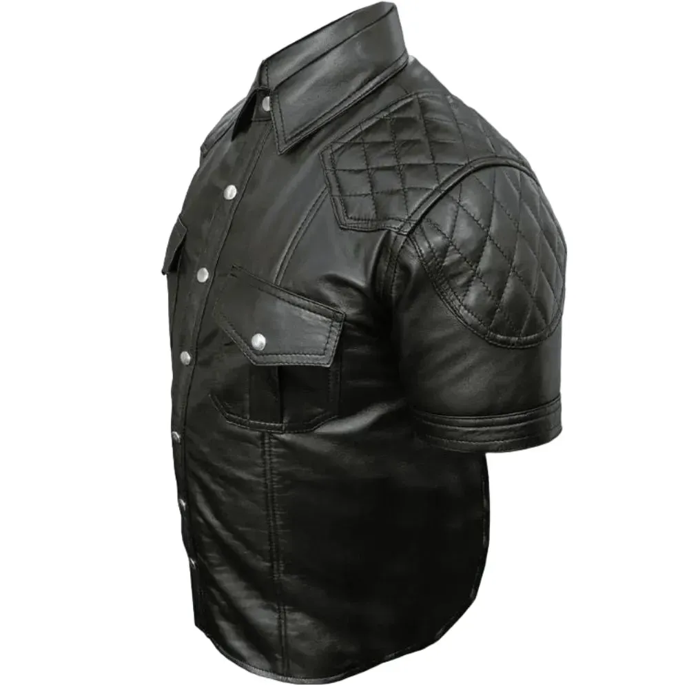 Mens Black Quilted Shoulder Leather Shirt