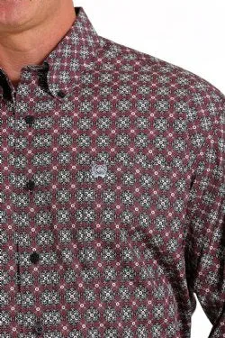 Men's Geometric Print Button Down Western Shirt- Navy & Pink