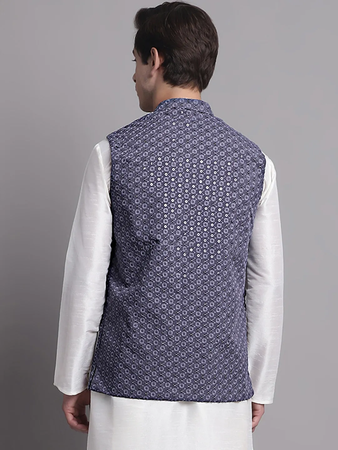 Men'S Grey Sequins And Embroidered Nehru Jacket