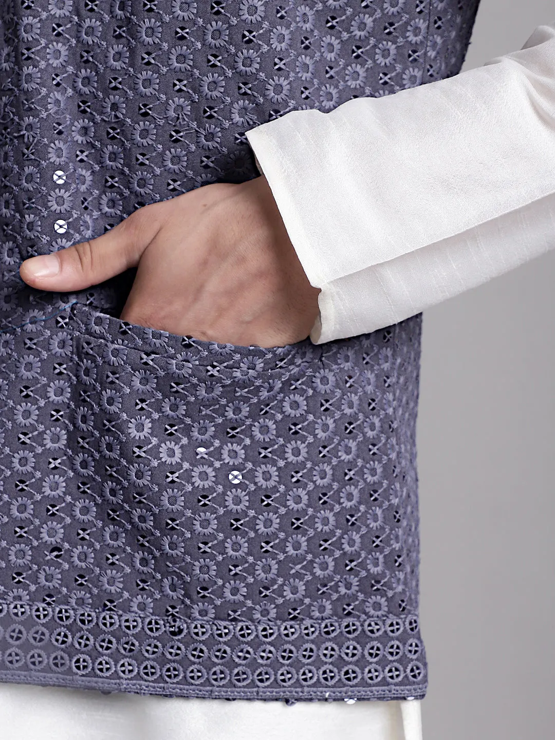 Men'S Grey Sequins And Embroidered Nehru Jacket