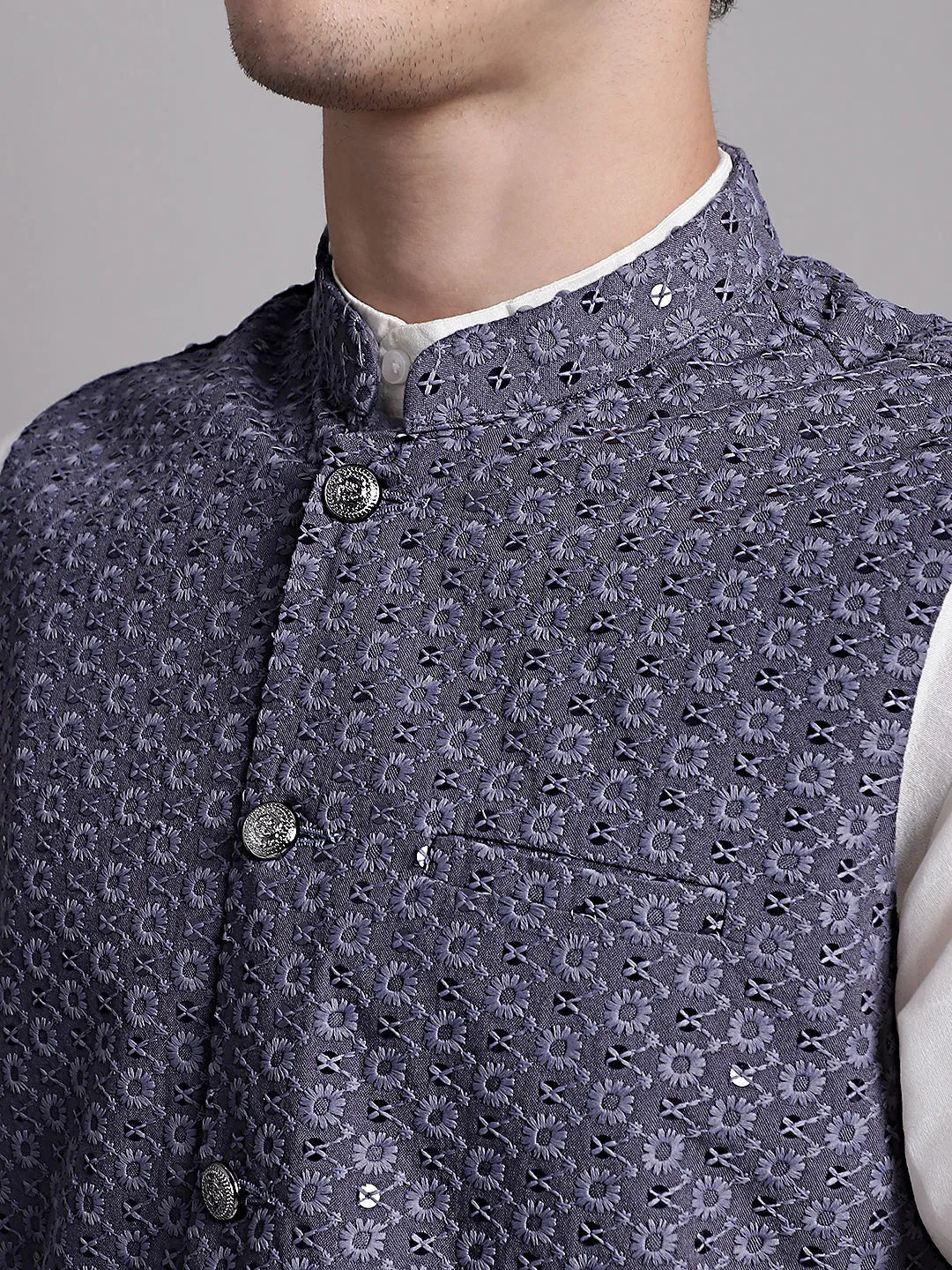 Men'S Grey Sequins And Embroidered Nehru Jacket