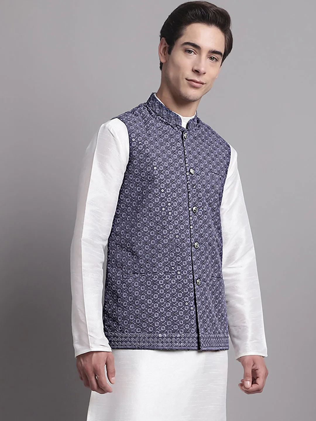 Men'S Grey Sequins And Embroidered Nehru Jacket