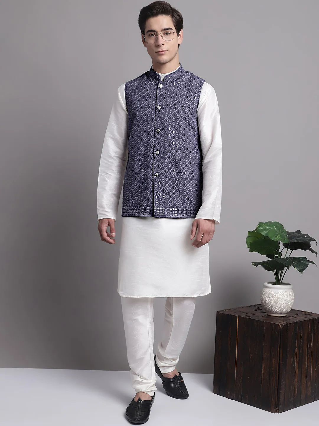 Men'S Grey Sequins And Embroidered Nehru Jacket