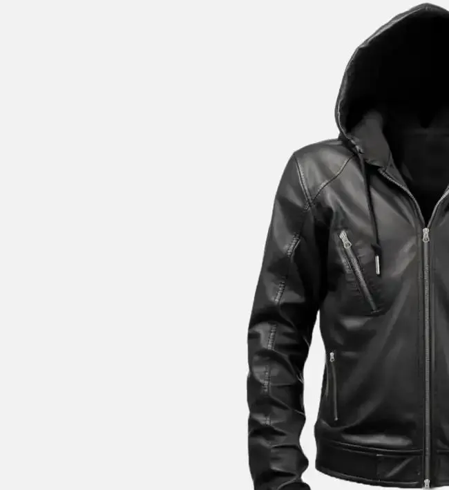 Men’s Hooded Black Leather Jacket