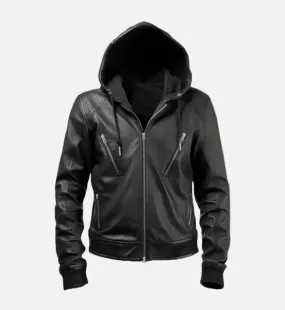 Men’s Hooded Black Leather Jacket