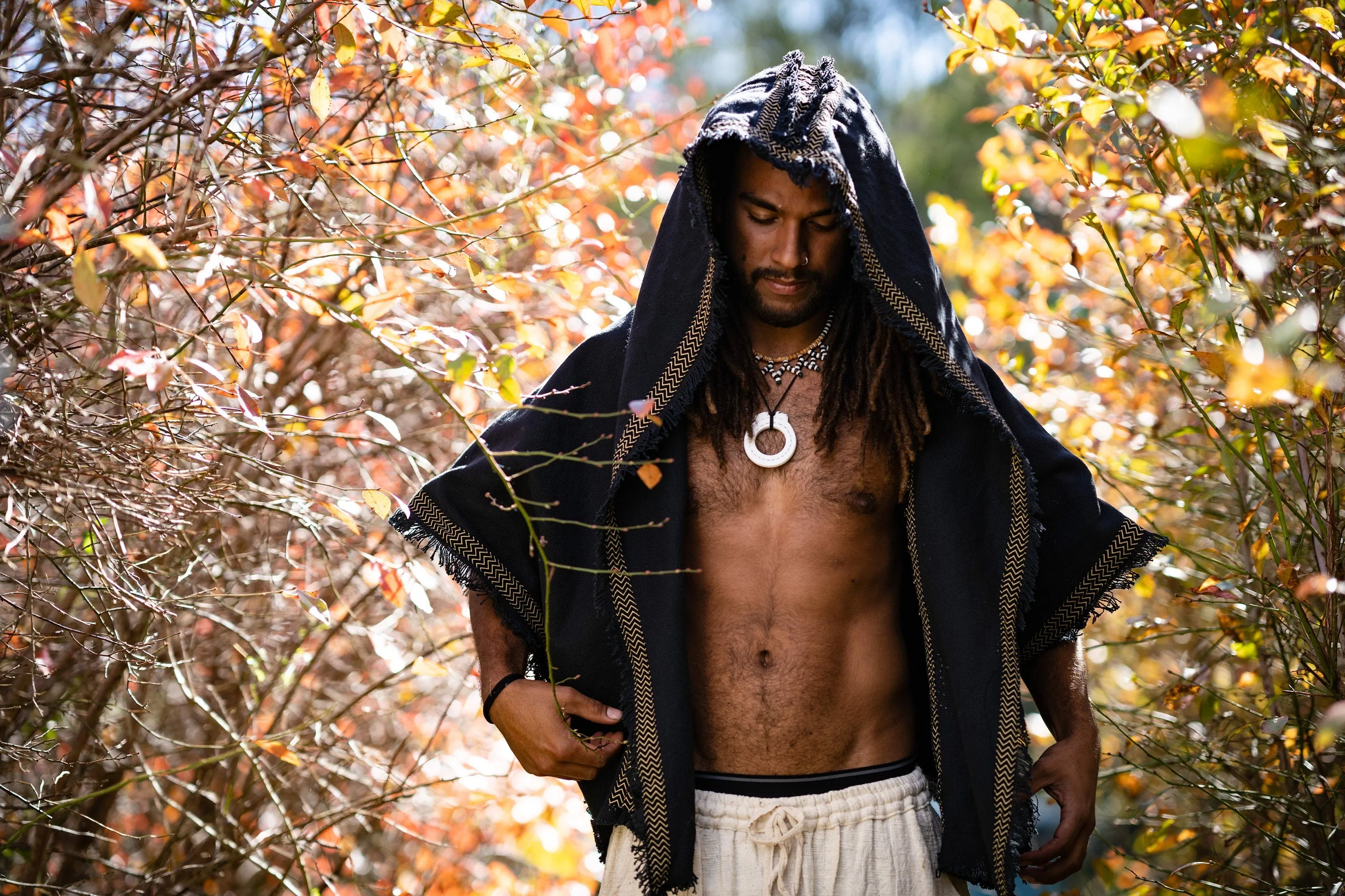 Mens Hooded Kimono Vest Black Alchemist Wizard Sorcerer Tribal Ritual Ceremony Gypsy Festival Magic Magia Alchemy Primitive Rave Boho AJJAYA