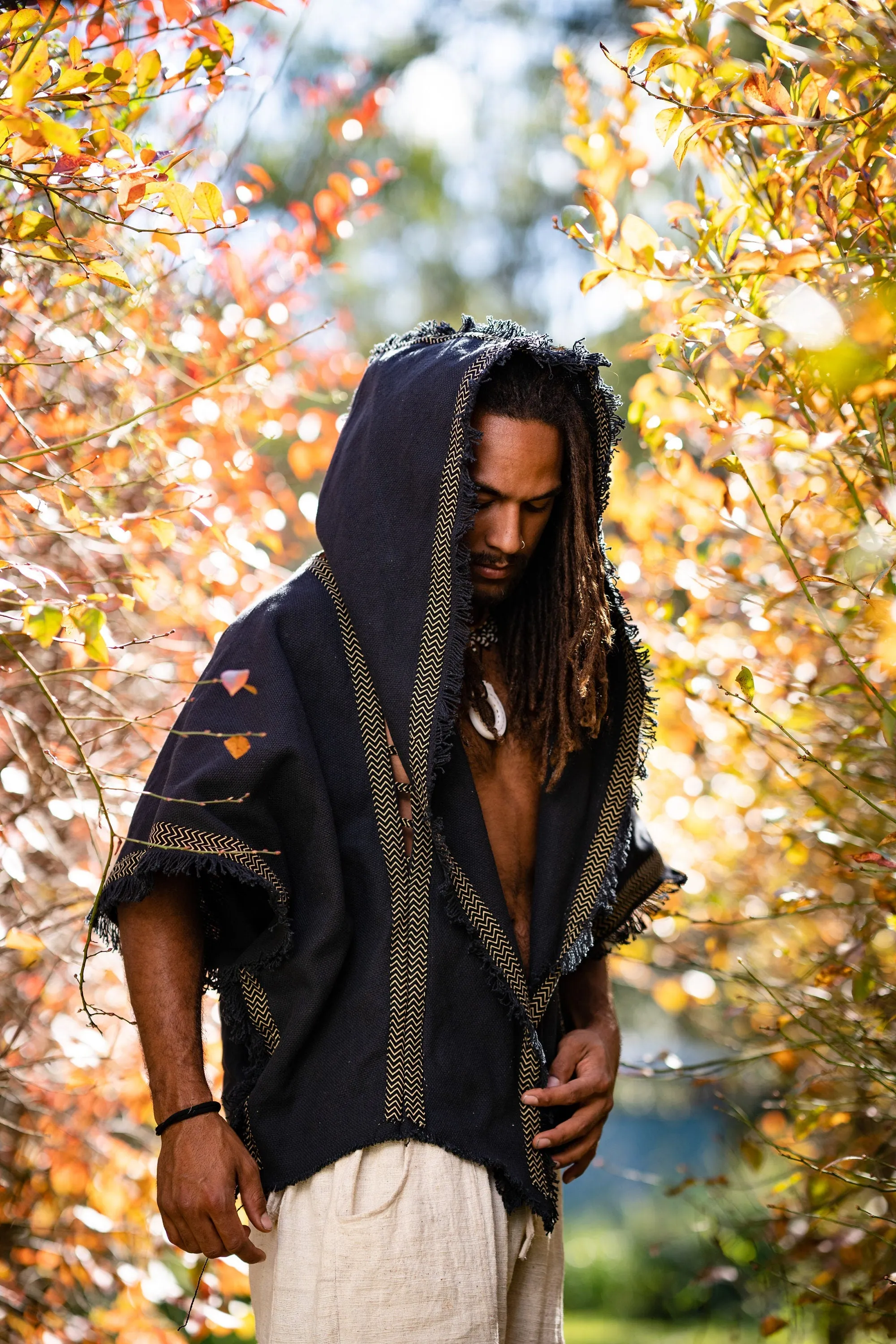 Mens Hooded Kimono Vest Black Alchemist Wizard Sorcerer Tribal Ritual Ceremony Gypsy Festival Magic Magia Alchemy Primitive Rave Boho AJJAYA