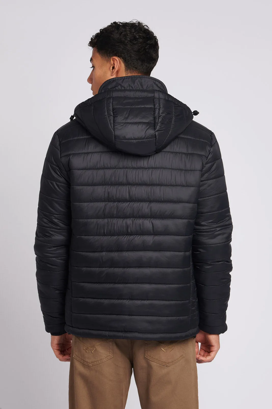 Mens Hooded Quilted Coat in Black Steeple Grey DHM