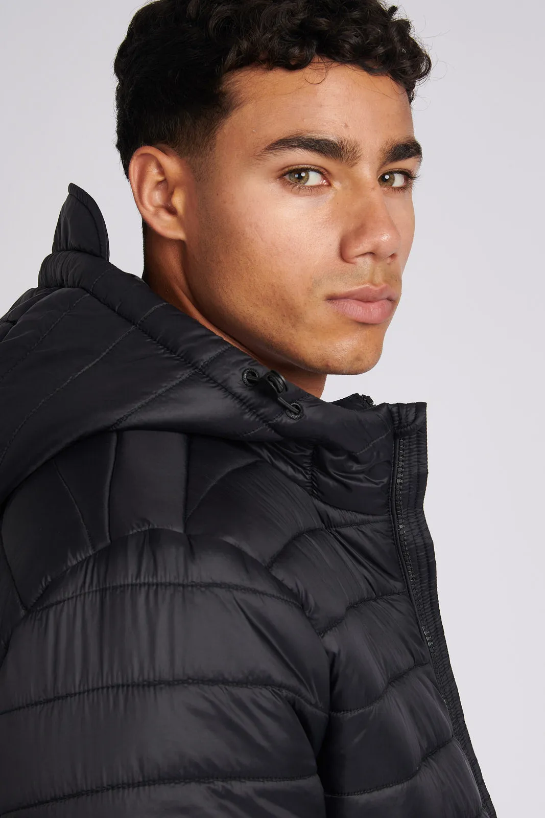 Mens Hooded Quilted Coat in Black Steeple Grey DHM