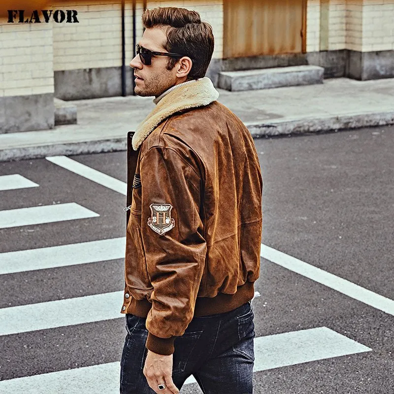 Mens Leather Bomber Jacket with Removable Fur Collar