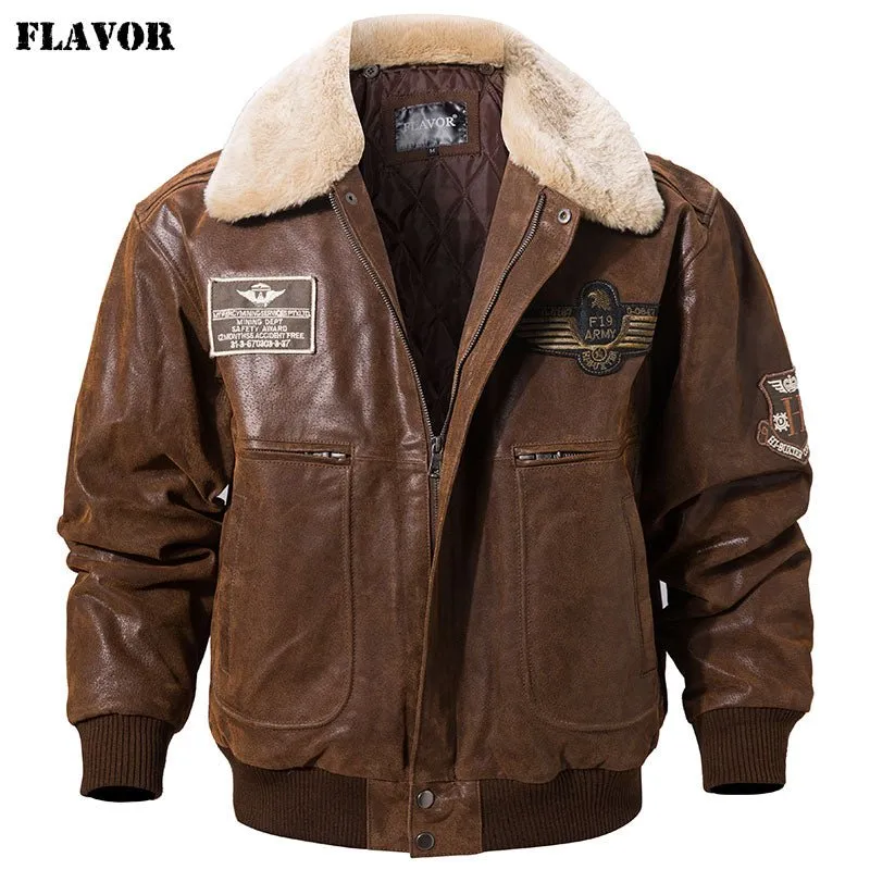 Mens Leather Bomber Jacket with Removable Fur Collar