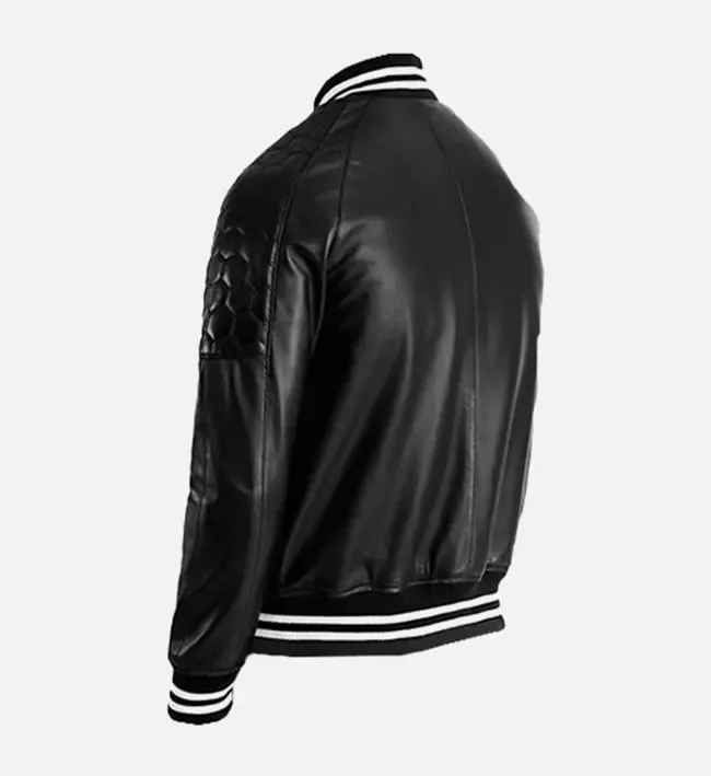 Men's Plain Black Leather Varsity Jacket