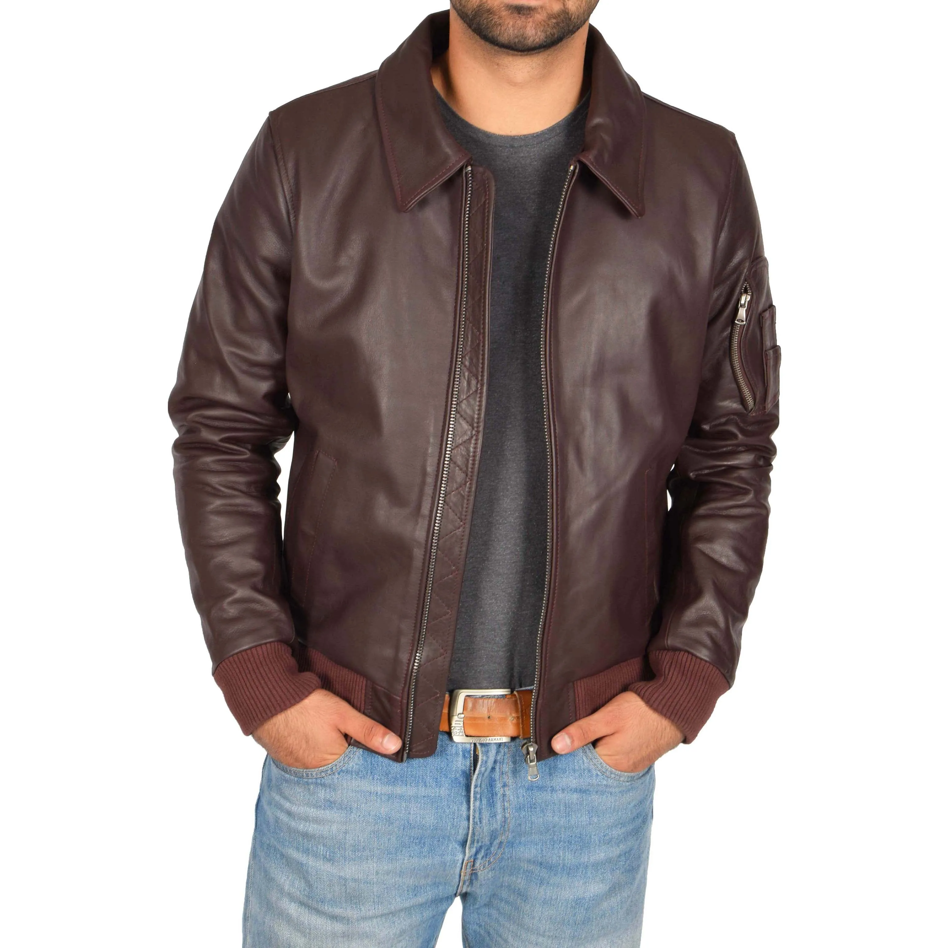 Mens Real Cowhide Bomber Leather Pilot Jacket Lance Burgundy