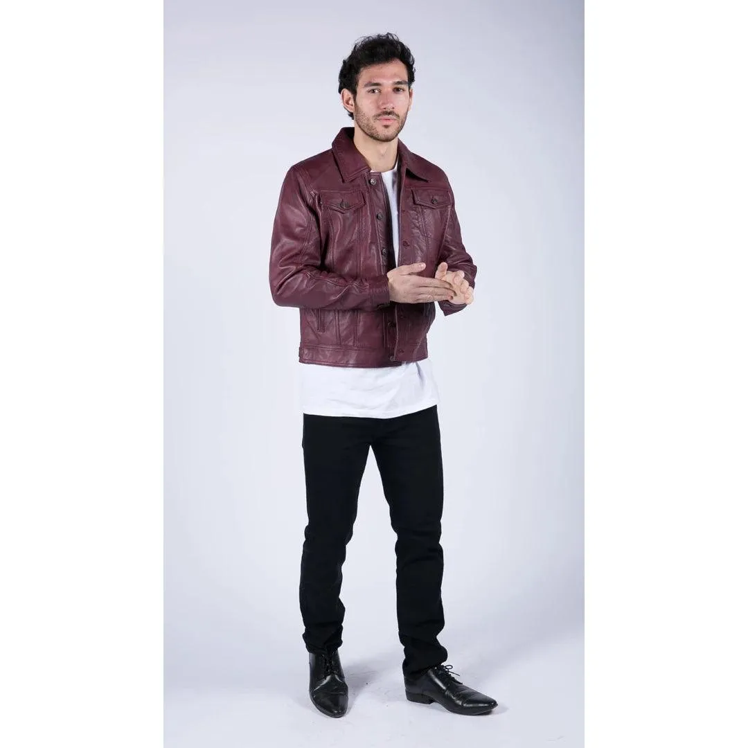 Mens Real Leather Shirt Jacket Burgundy Wine Retro Jeans Style Brando Classic