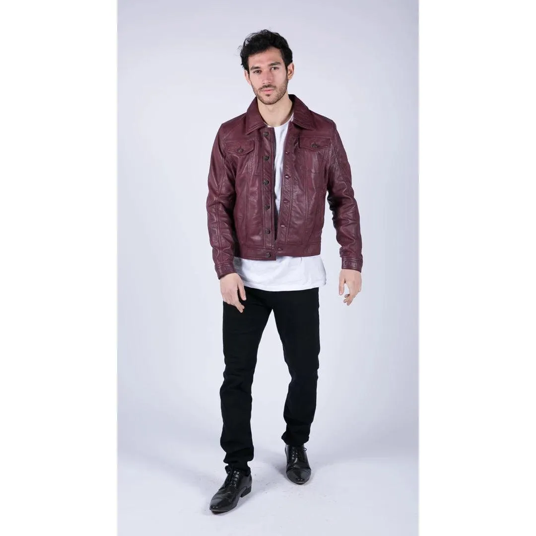 Mens Real Leather Shirt Jacket Burgundy Wine Retro Jeans Style Brando Classic