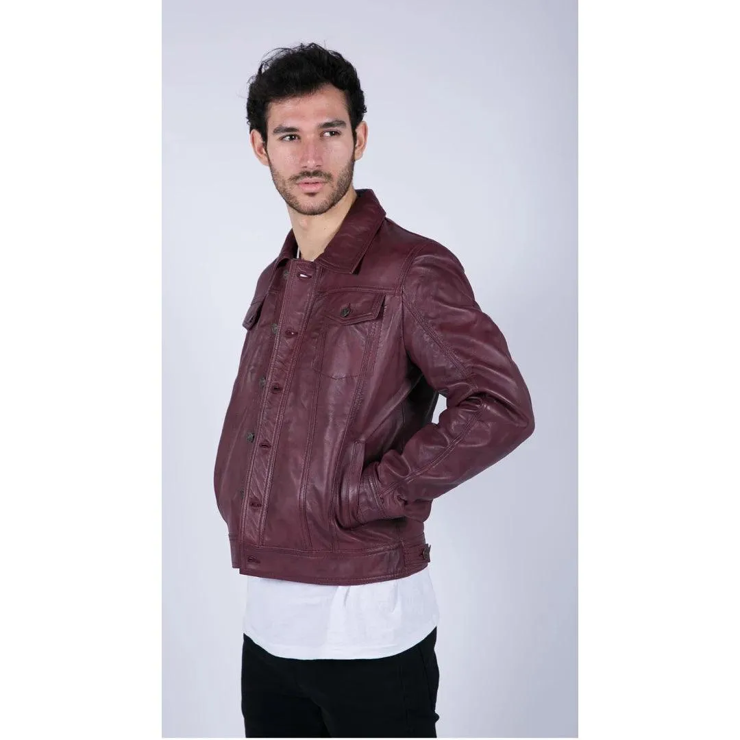 Mens Real Leather Shirt Jacket Burgundy Wine Retro Jeans Style Brando Classic