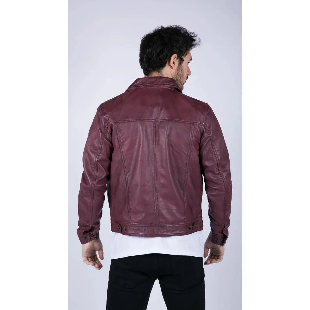 Mens Real Leather Shirt Jacket Burgundy Wine Retro Jeans Style Brando Classic