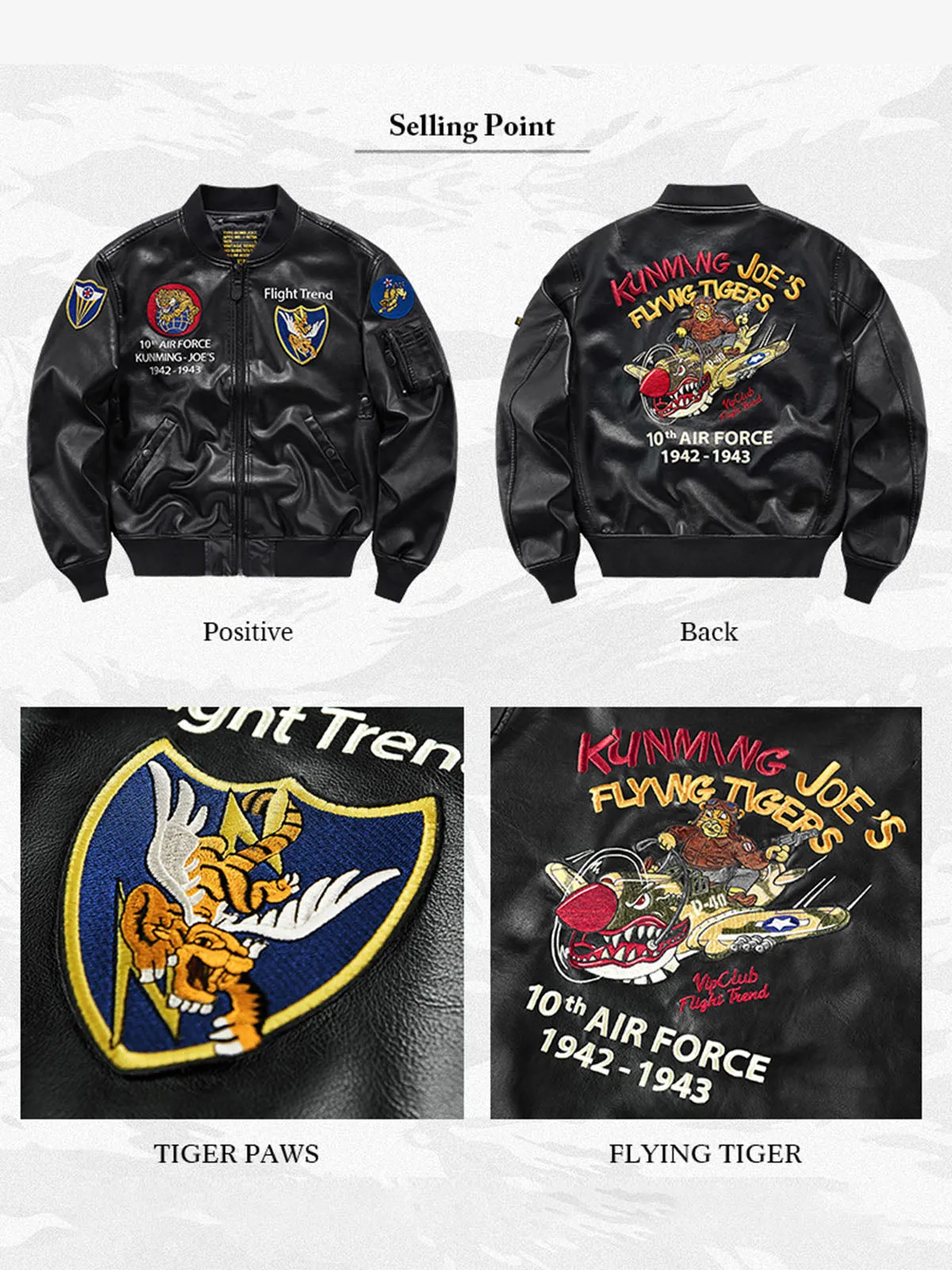 Men’s Retro Flying Tigers PU Leather Bomber Jacket