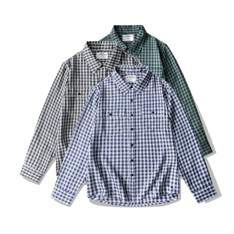 Men's Small Plaid Shirt Vintage Basic Long Sleeve Shirt