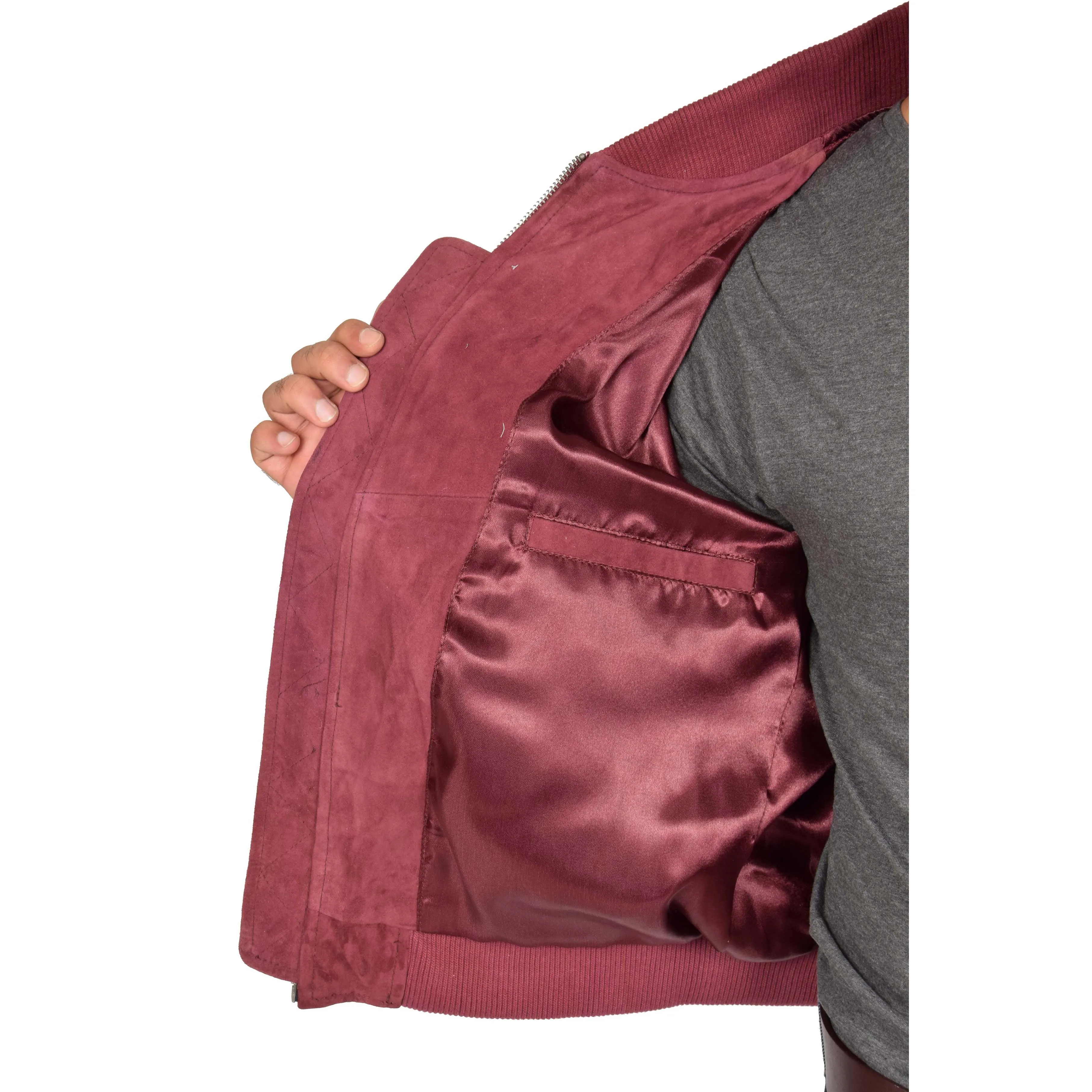 Mens Soft Goat Suede Bomber Varsity Baseball Jacket Blur Burgundy