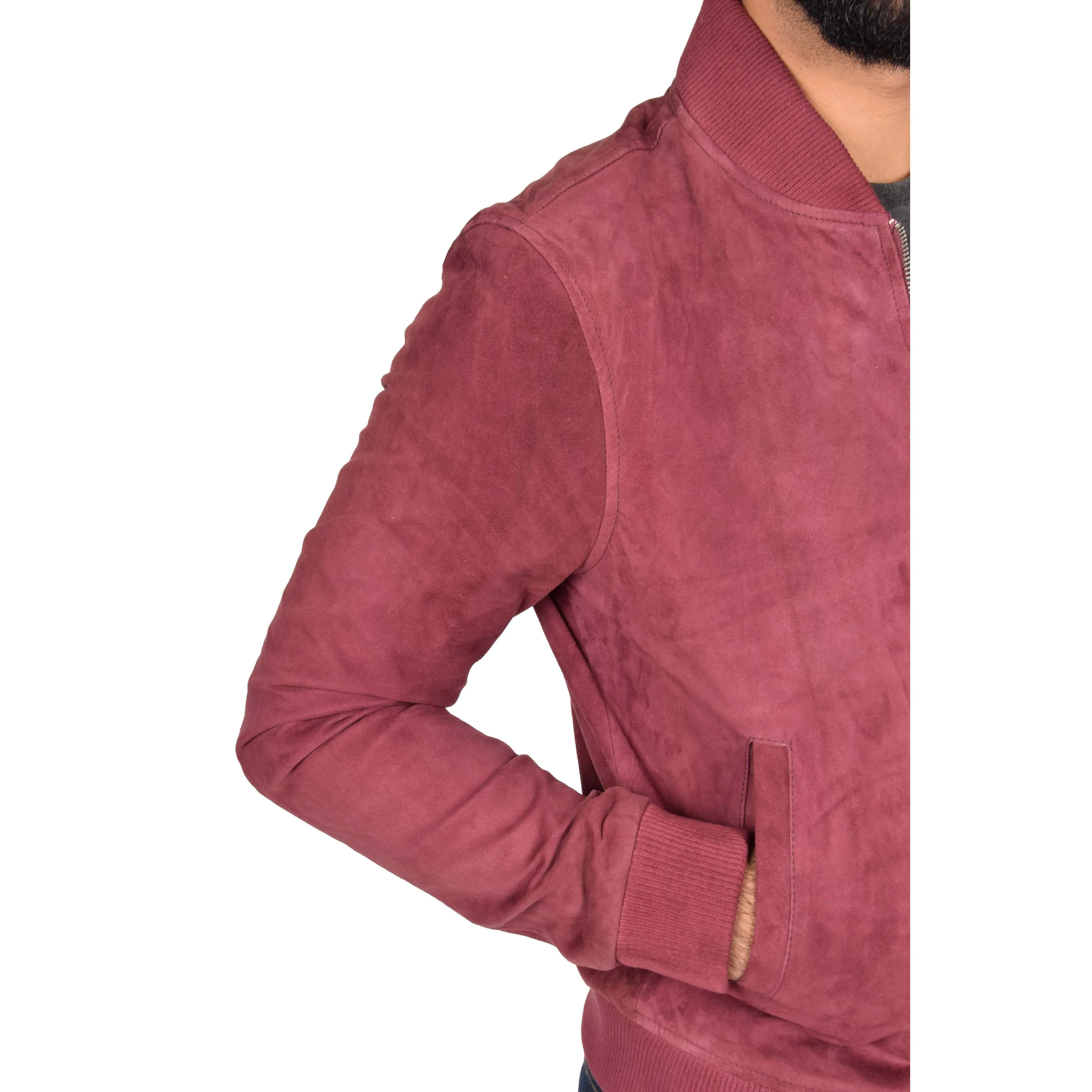 Mens Soft Goat Suede Bomber Varsity Baseball Jacket Blur Burgundy