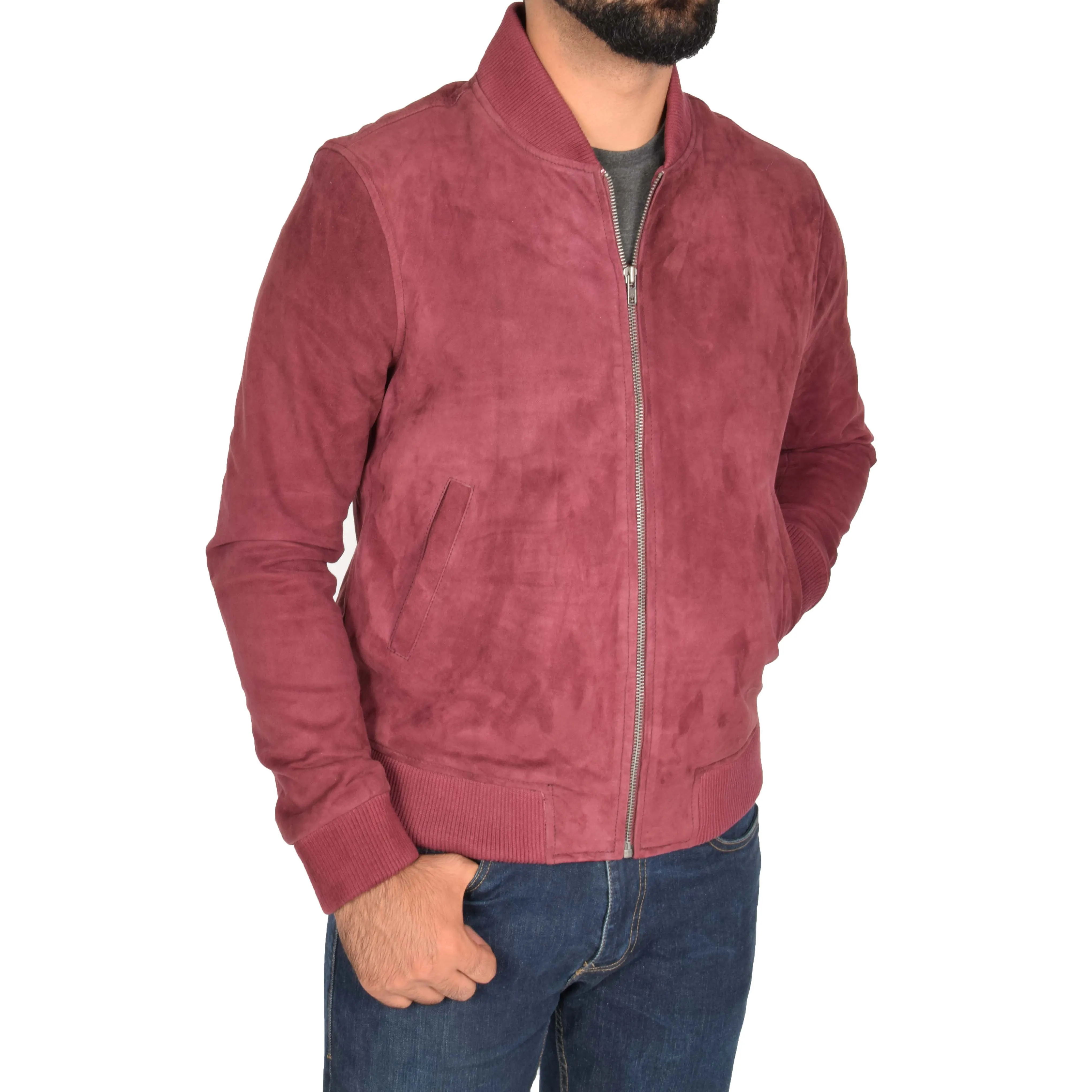 Mens Soft Goat Suede Bomber Varsity Baseball Jacket Blur Burgundy