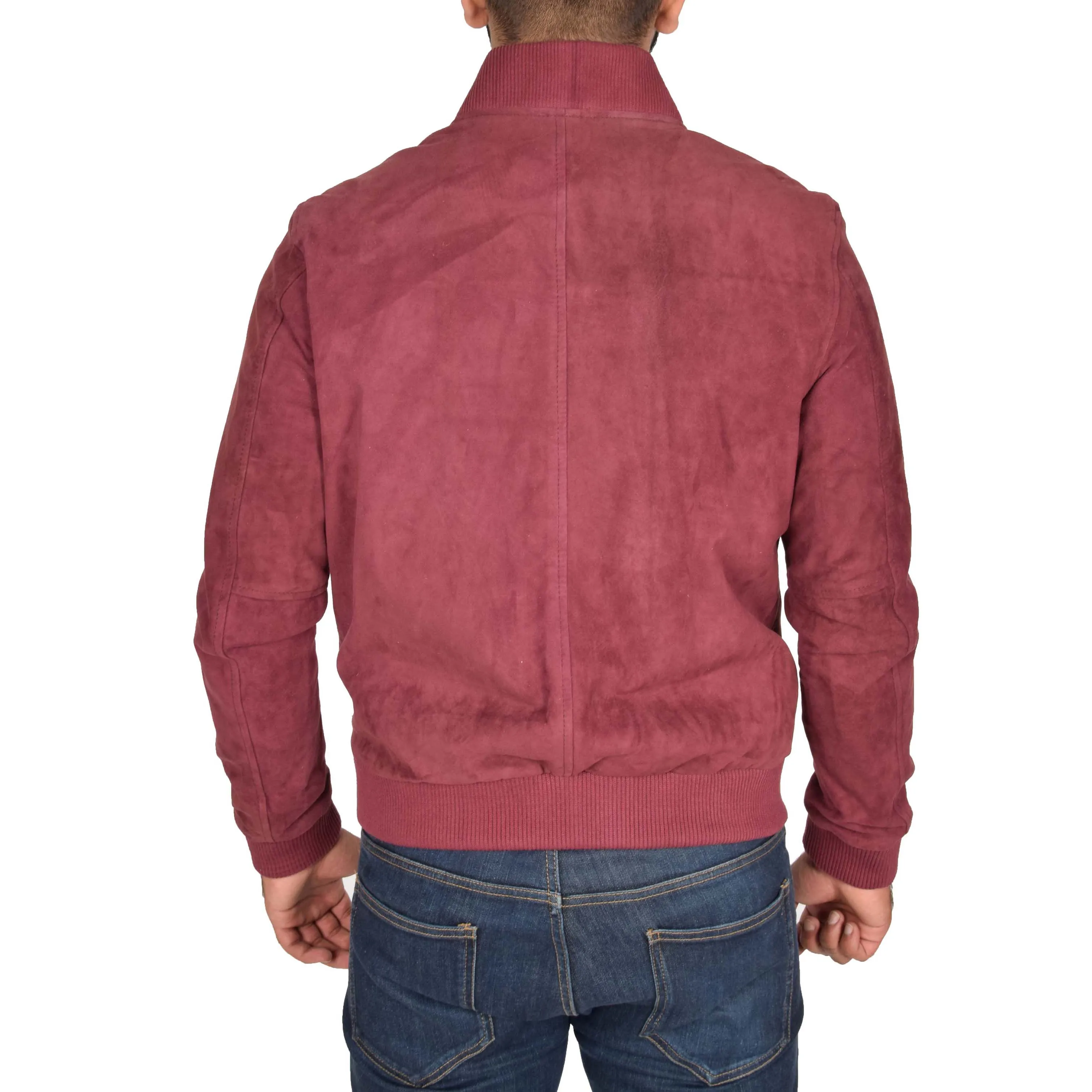 Mens Soft Goat Suede Bomber Varsity Baseball Jacket Blur Burgundy