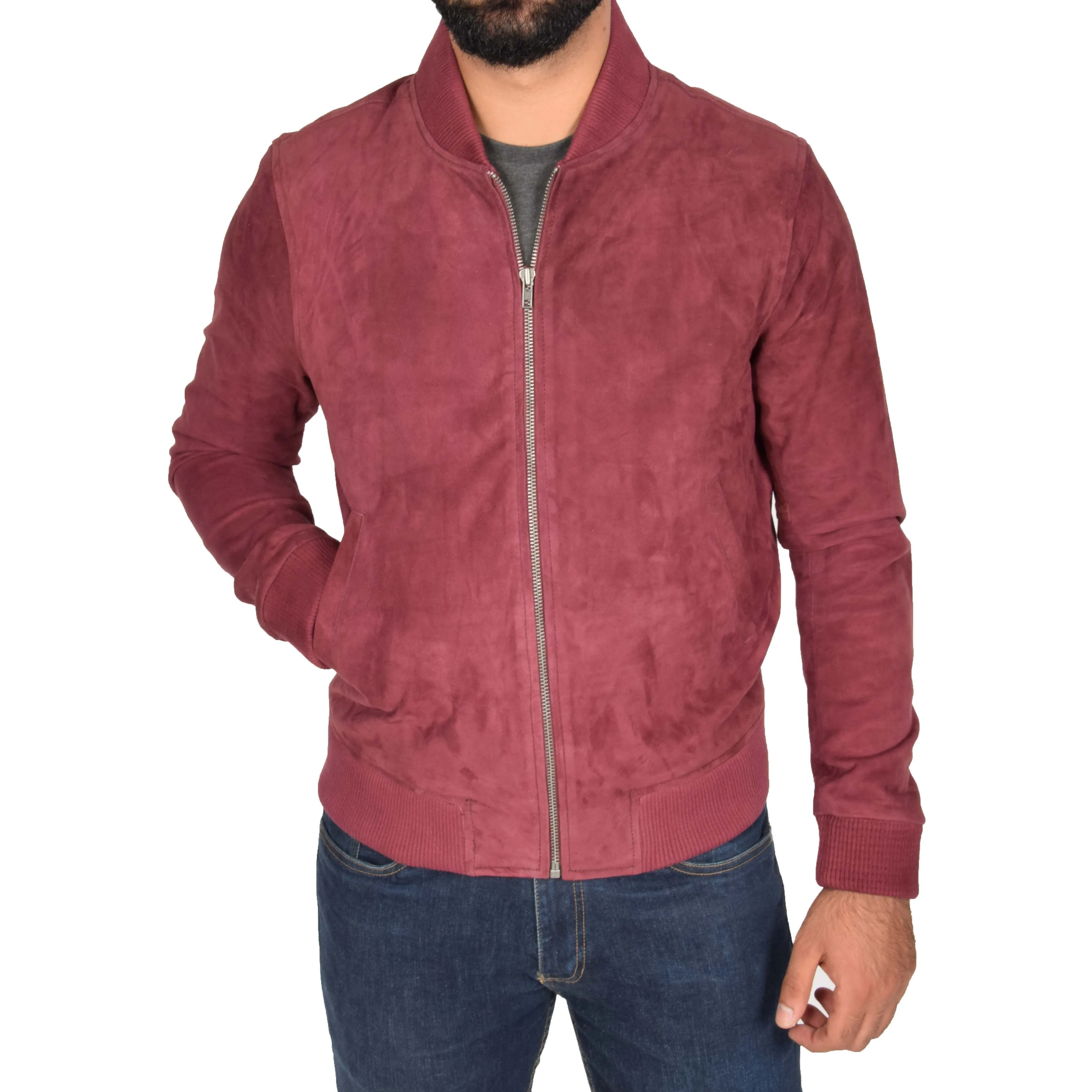 Mens Soft Goat Suede Bomber Varsity Baseball Jacket Blur Burgundy