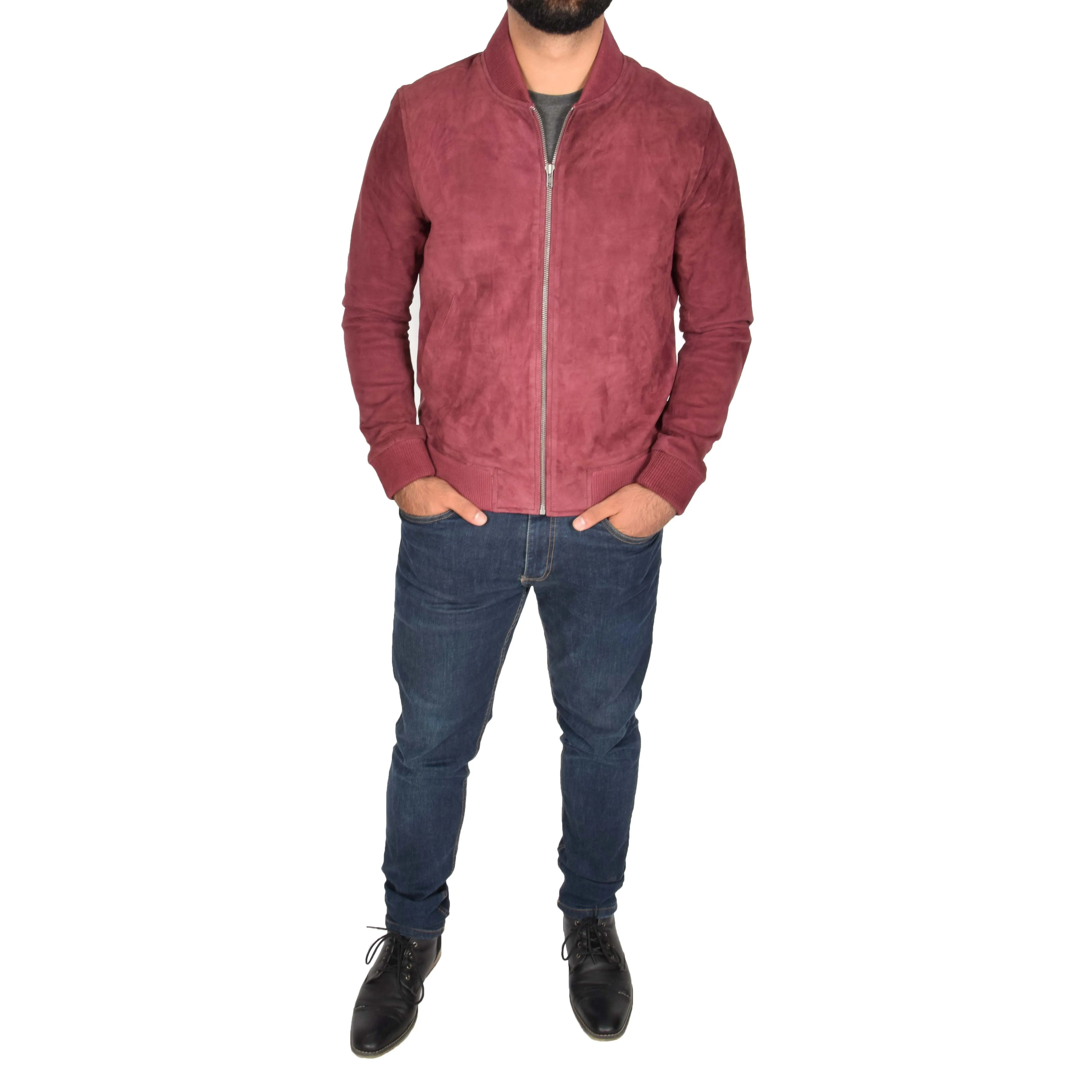 Mens Soft Goat Suede Bomber Varsity Baseball Jacket Blur Burgundy