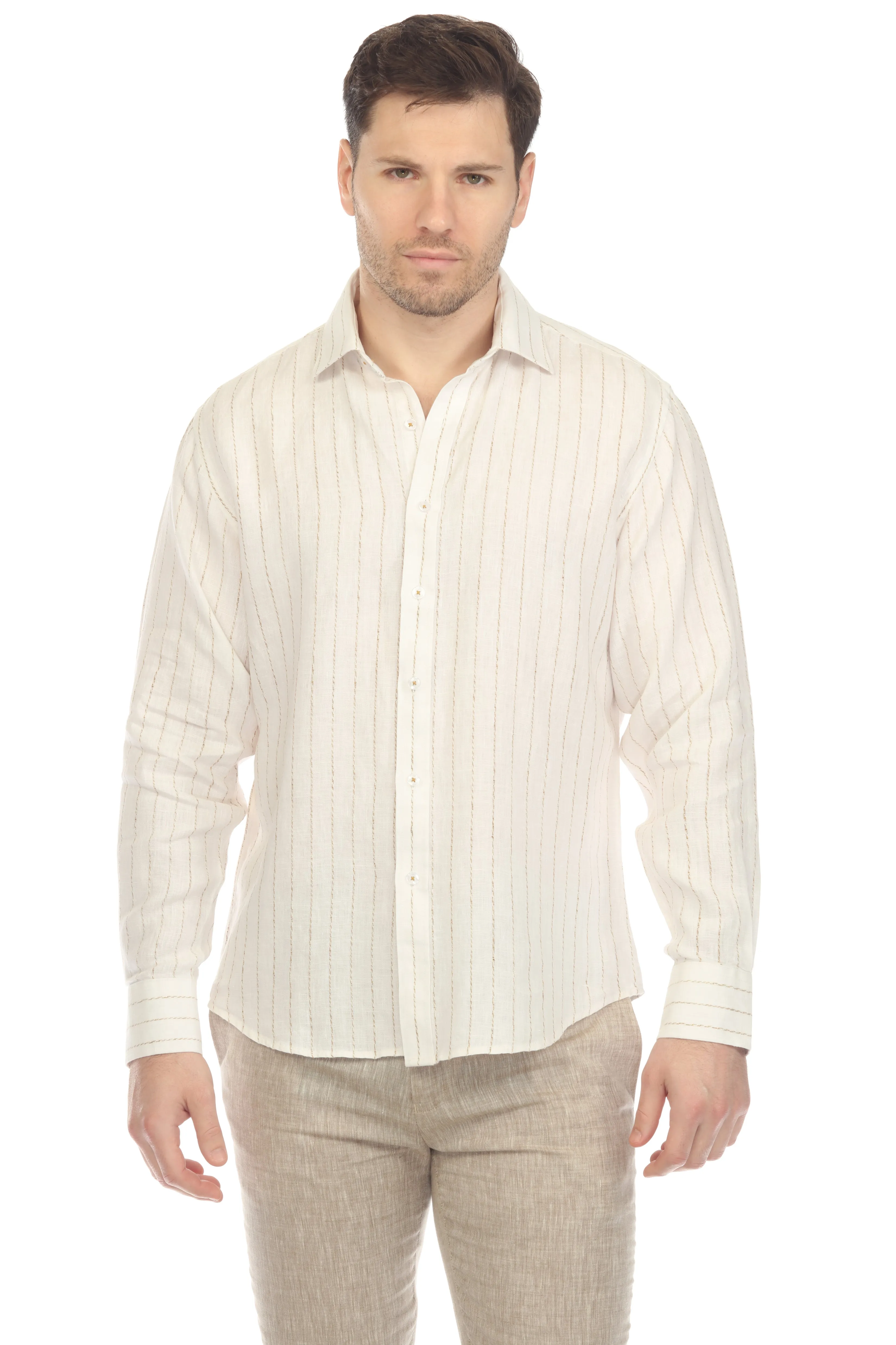 Mojito Men's Causal Pinstripe Shirt 100% Linen Long Sleeve Button Down