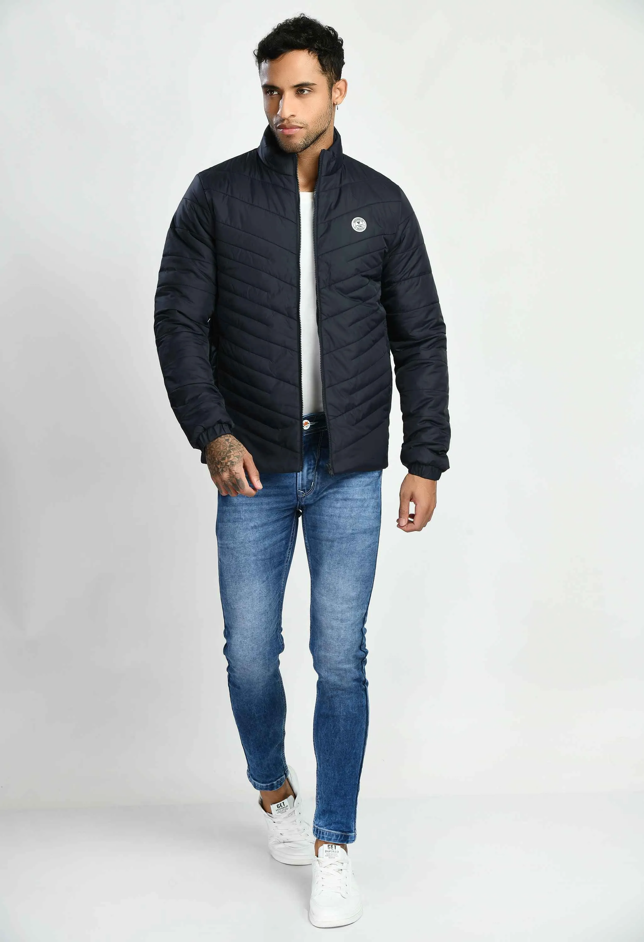 Navy Blue Quilted Bomber Jacket