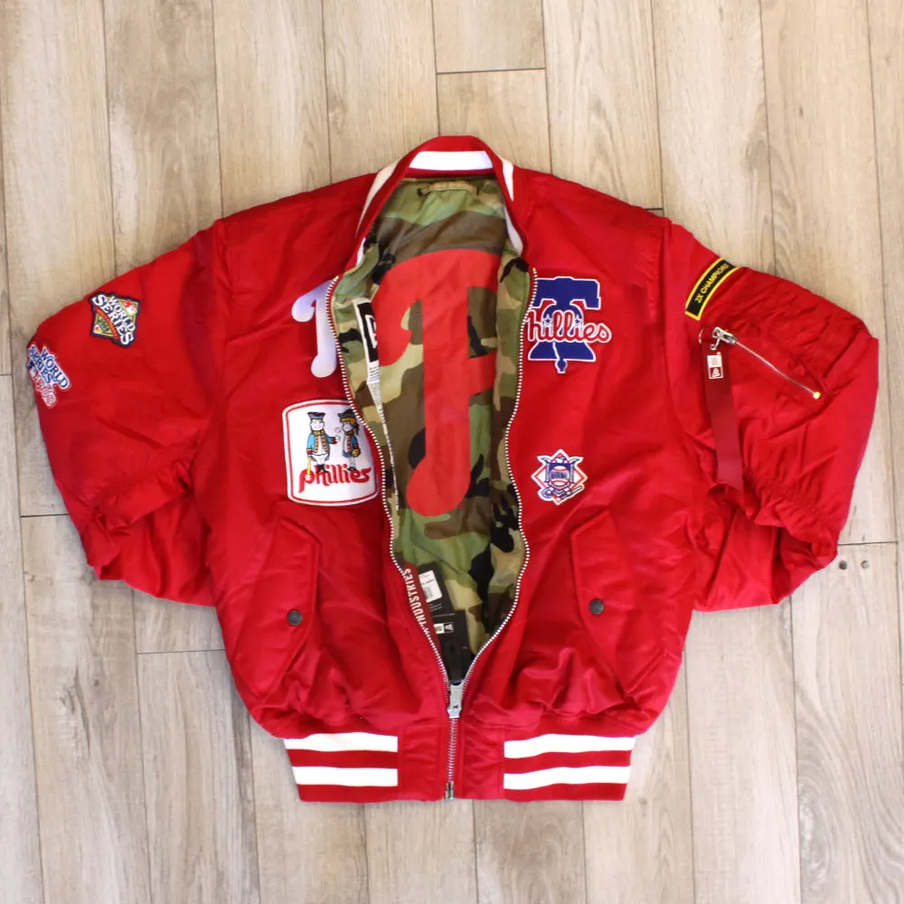 New Era Cap X Alpha Industries Collab MA-1M PHILIDALPHA PHILLIES Nylon Bomber Jacket (Red Camo)