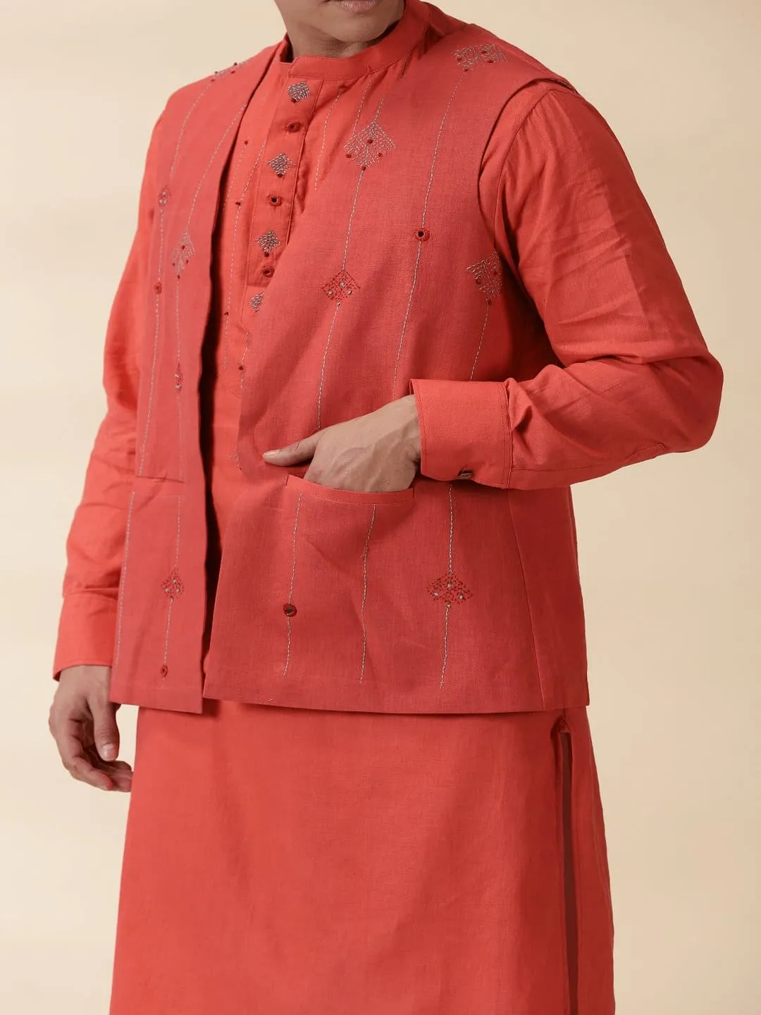 Orange Khadi Men Nehru Jacket