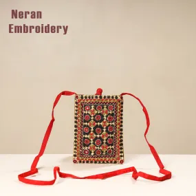 Orange - Kutch Neran Embroidery Mashru Silk Mobile Sling Bag