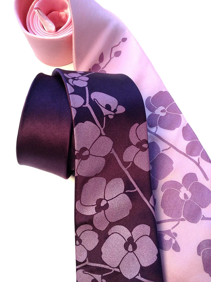 Orchid Silk Necktie. Floral Print Tie