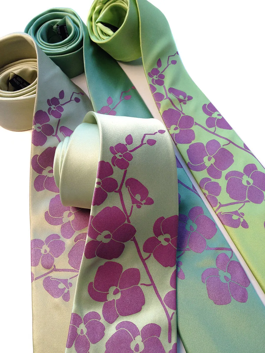 Orchid Silk Necktie. Floral Print Tie