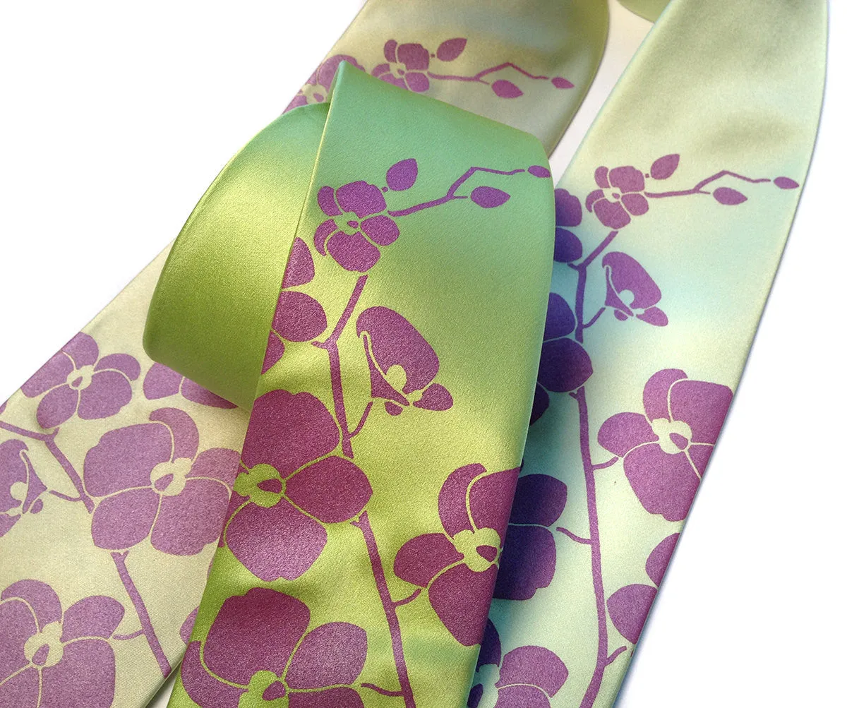 Orchid Silk Necktie. Floral Print Tie