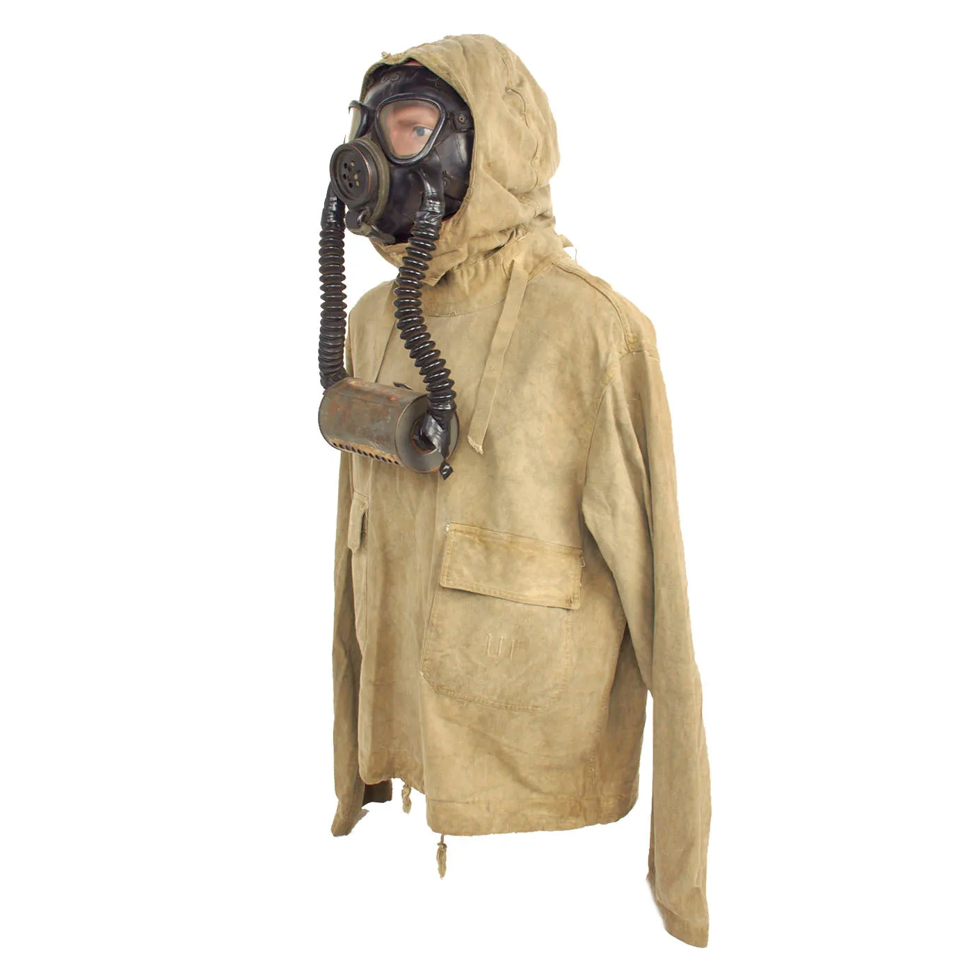 Original U.S. WWII Navy Gas Protective Jacket Impregnated for D-Day Invasion with ND Mark IV Diaphragm Gas Mask