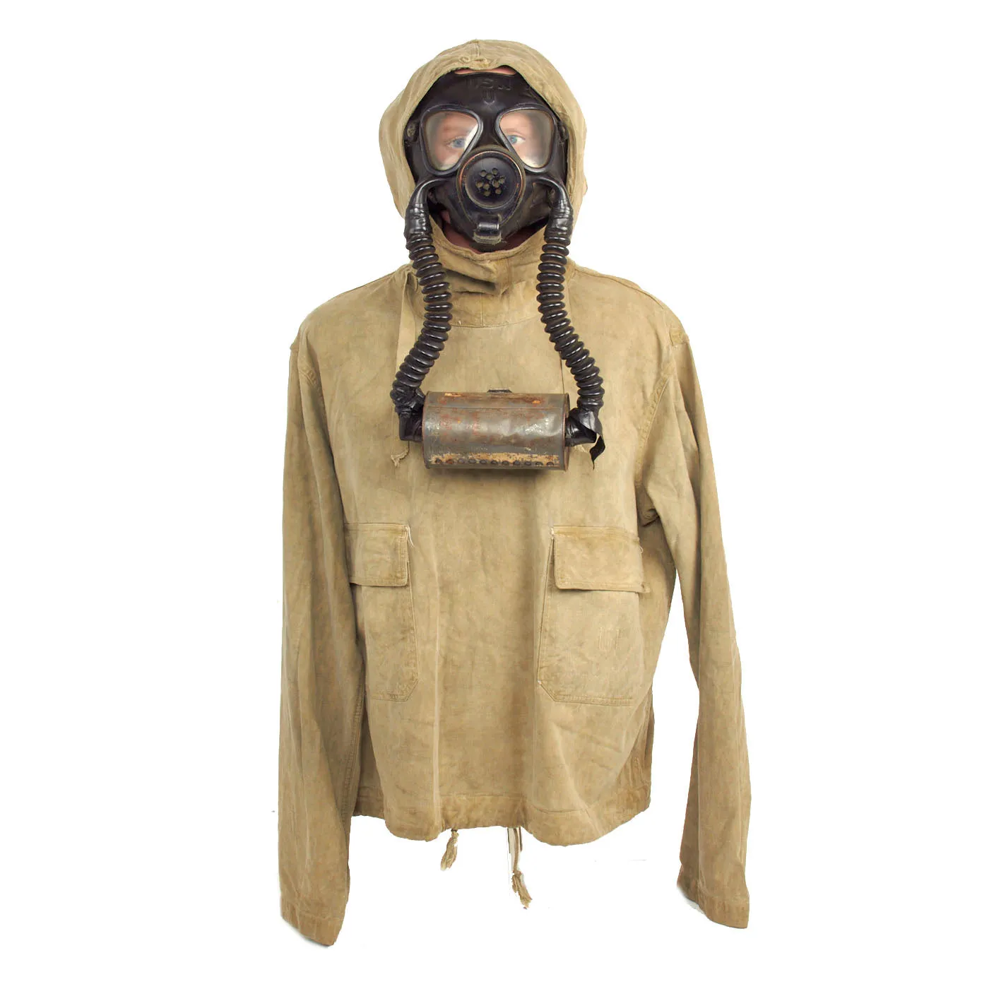 Original U.S. WWII Navy Gas Protective Jacket Impregnated for D-Day Invasion with ND Mark IV Diaphragm Gas Mask