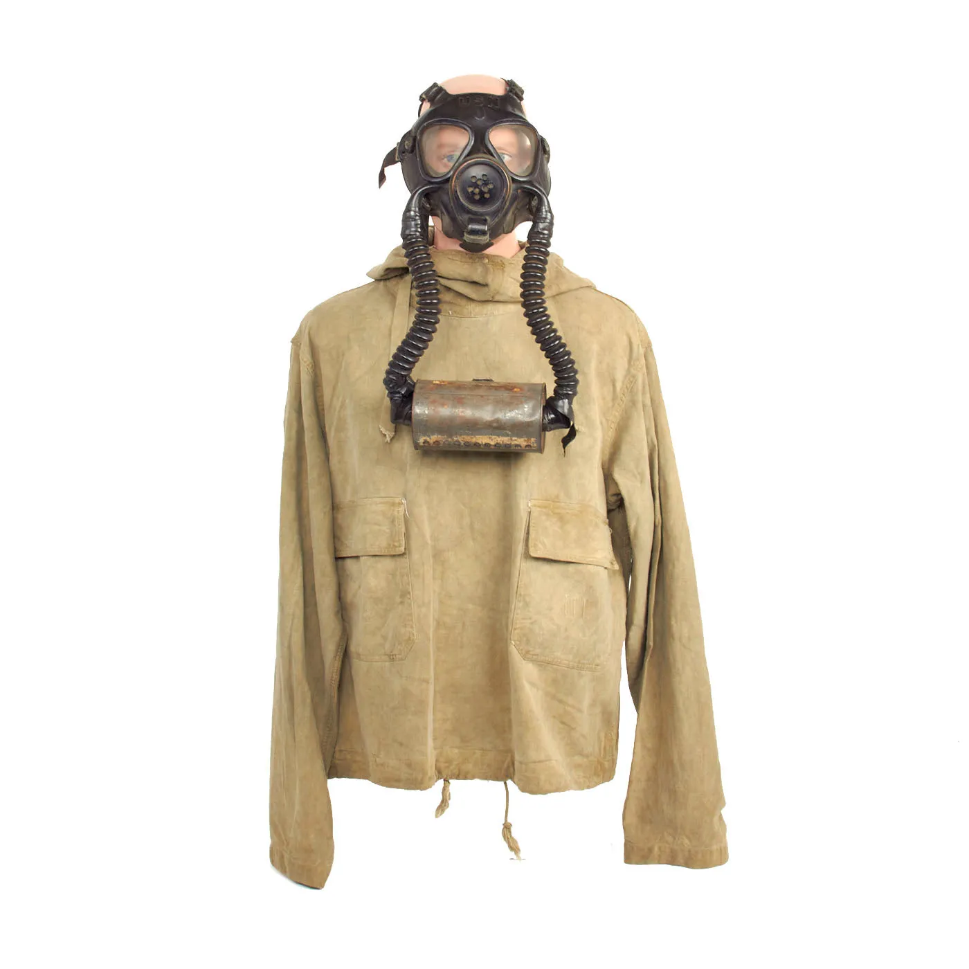 Original U.S. WWII Navy Gas Protective Jacket Impregnated for D-Day Invasion with ND Mark IV Diaphragm Gas Mask