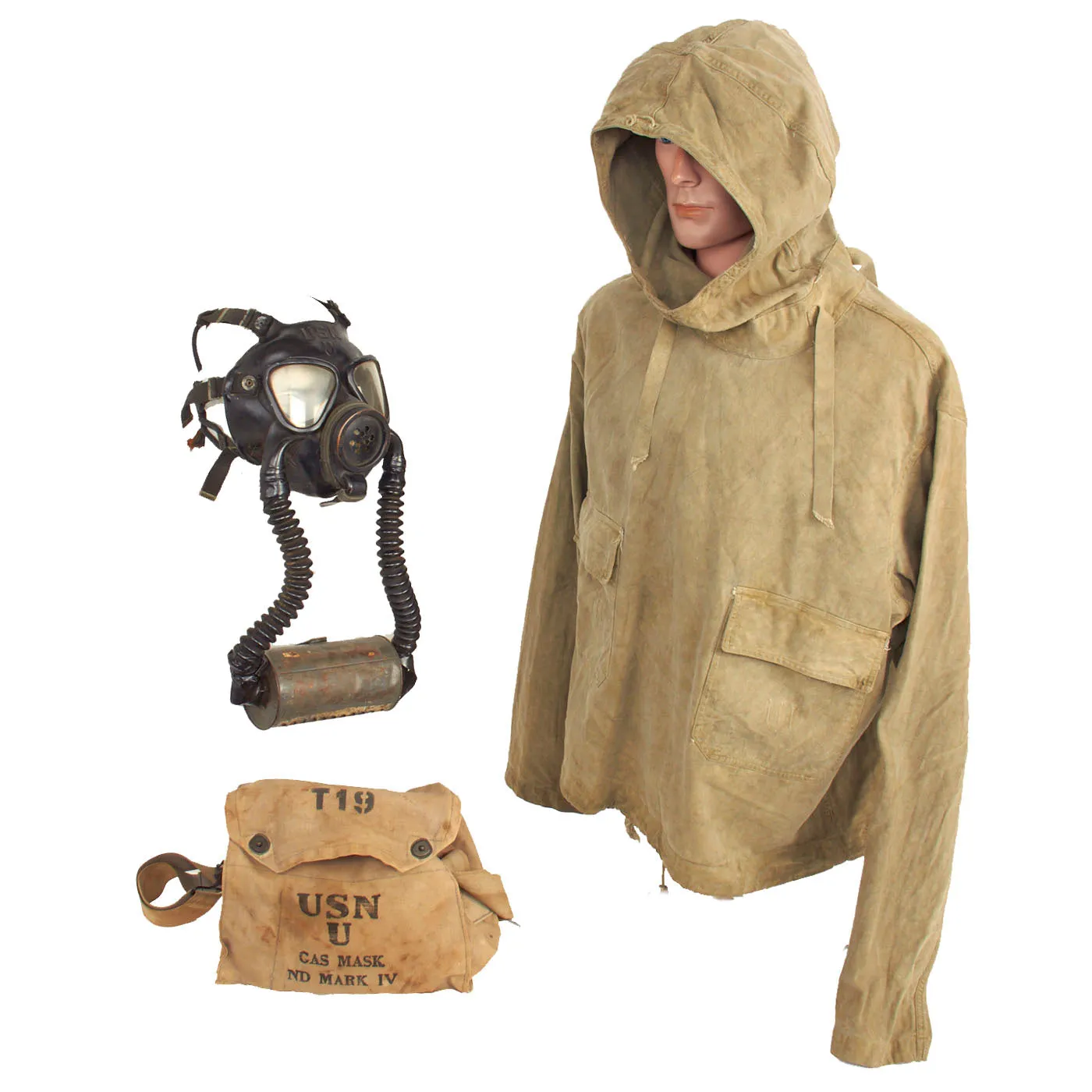 Original U.S. WWII Navy Gas Protective Jacket Impregnated for D-Day Invasion with ND Mark IV Diaphragm Gas Mask