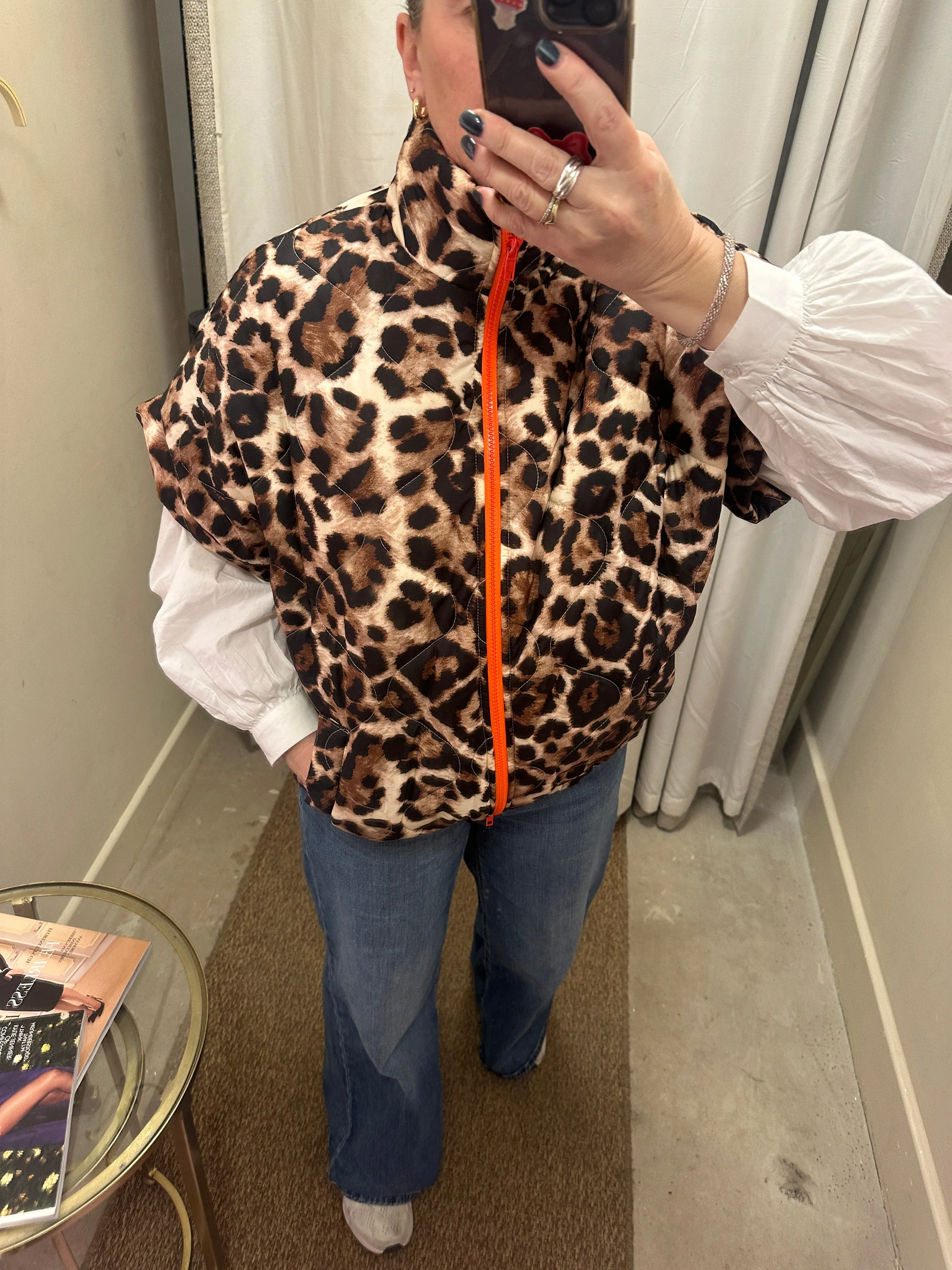 Padded showerproof leopard gilet with orange zip